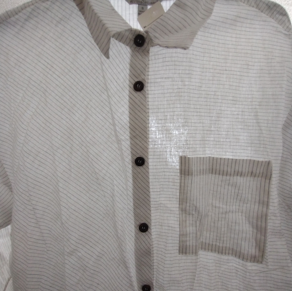 Hester & Orchard Linen Cotton Blend Striped White Blue Button-Up Shirt Small - Picture 13 of 13